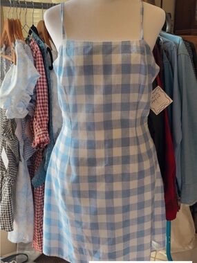 Aqua Gingham Cotton Midi Cut Out Dress Size L Womens